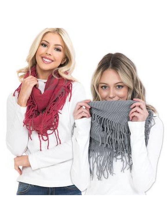 (2PK) Basico Adult Knit Infinity Scarf | Winter Scarf Set for Women | Pink Plaid Gray Scarves