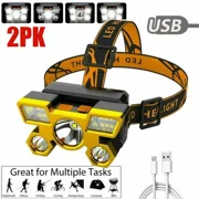 2PK COB Headlamp Rechargeable Head Light Flashlight Lamp Waterproof 750000LM
