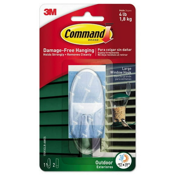 2PK Command All Weather Hooks and Strips, Large, Plastic, Clear, 4 lb Capacity, 1 Hook and 2 Strips/Pack (17093CLRAWES)