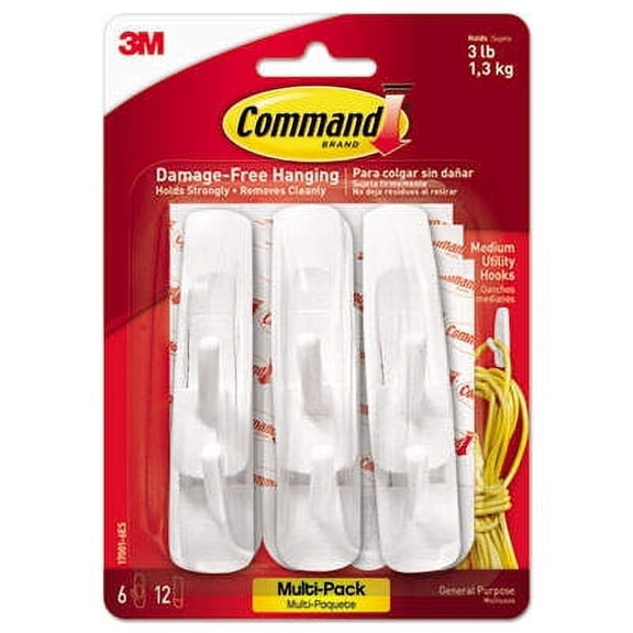 2PK Command General Purpose Hooks Multi-Pack, Medium, 3 lb Cap, White, 6 Hooks and 12 Strips/Pack
