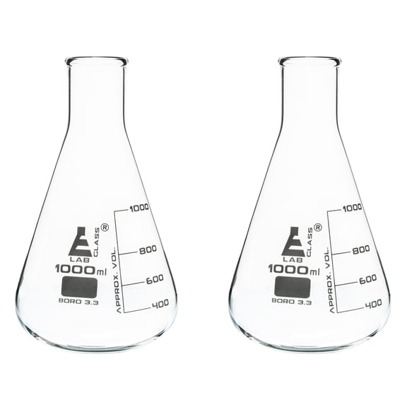 2PK Erlenmeyer Flasks, 1000mL - Borosilicate Glass - Narrow Neck Flasks, Conical Flasks, Glass Flasks - Eisco Labs