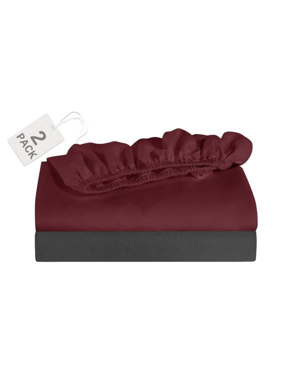 Super Soft Microfiber 2-Pack Fitted Sheets, Grey Stone/Luscious Red Merlot, Queen