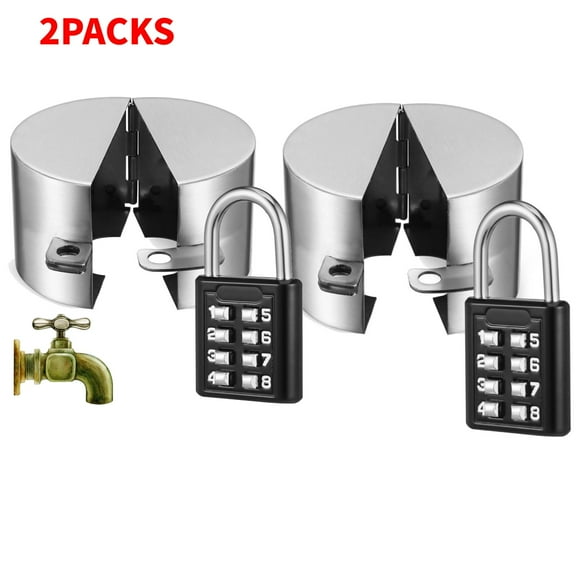 2PK Faucet Lock with Padlock, Stainless Steel Hose Bib Lock for Winter Freeze Protection , Anti-Theft, Anti-Freeze, Silver