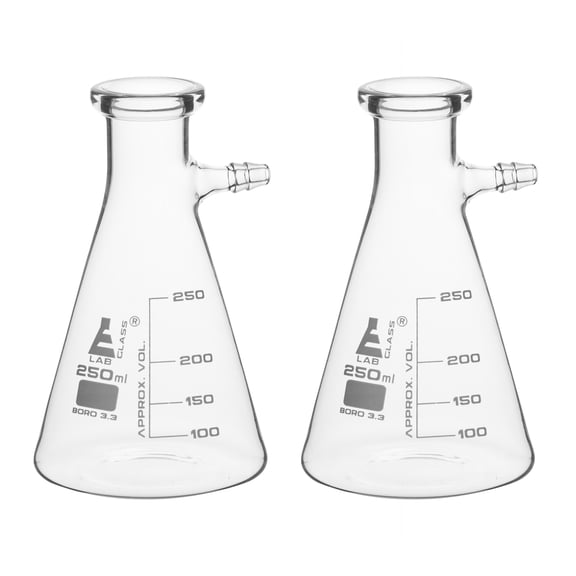 2PK Filtering Flask, 250mL - Borosilicate Glass - Conical Shape, with Integral Side Arm - White Graduations - Eisco Labs