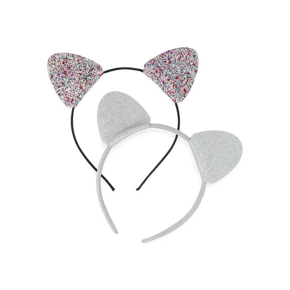 Wonder Nation Girls' Cat Ear Sparkle Headband, 2-Piece, Black/Silver