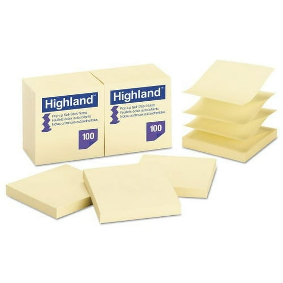 2PK Highland Self-Stick Pop-Up Notes, 3 x 3, Yellow, 100-Sheet, 12/PK