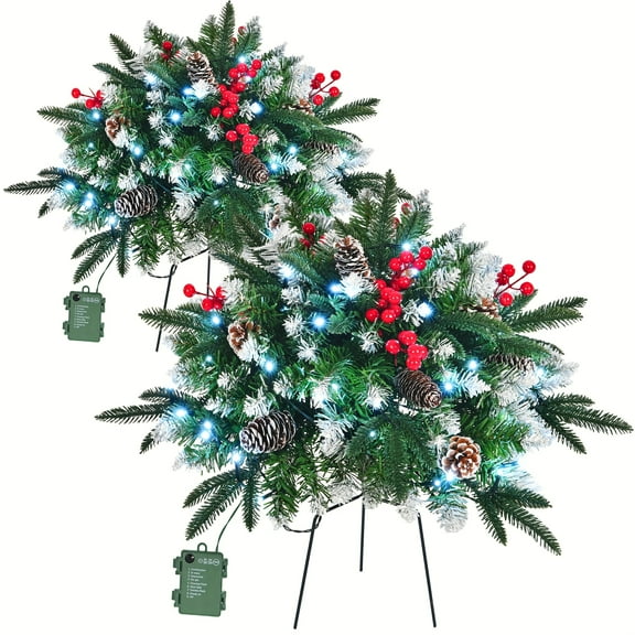 2PK Light Up Outdoor Christmas Trees Extra Large Round 24x24 Inch Snow-Flocked Prelit Lighted Christmas Trees 120 LED with Timer Function Auto On/Off 8 Modes Lighting