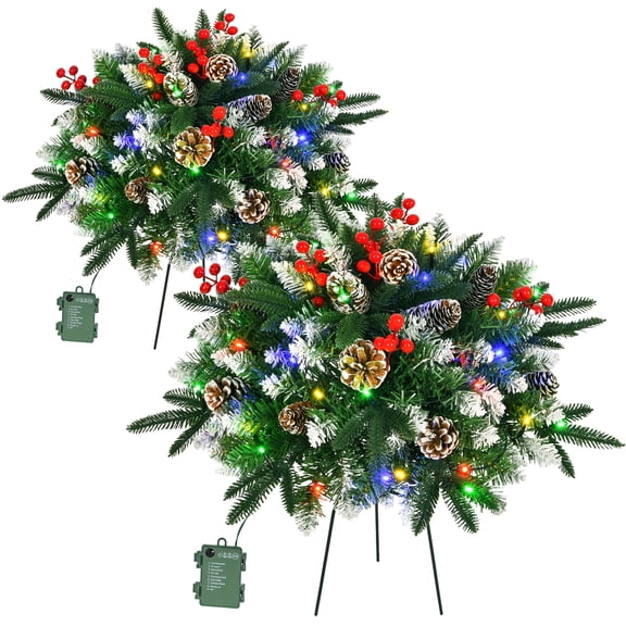 2PK Light Up Outdoor Christmas Trees Extra Large Round 24x24 Inch Snow-Flocked Prelit Lighted Christmas Trees 120 LED with Timer Function Auto On/Off 8 Modes Lighting