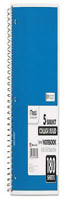 2PK MEA05682 Spiral Notebook, 5 Subject, Medium/College Rule, Randomly Assorted Covers, 10.5 x 8, 180 Sheets