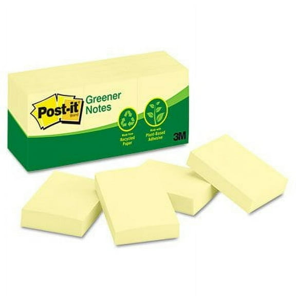 2PK Post-it Original Recycled Note Pads, 1.5" x 2", Canary Yellow, 100 Sheets/Pad, 12 Pads/Pack (653RPYW)