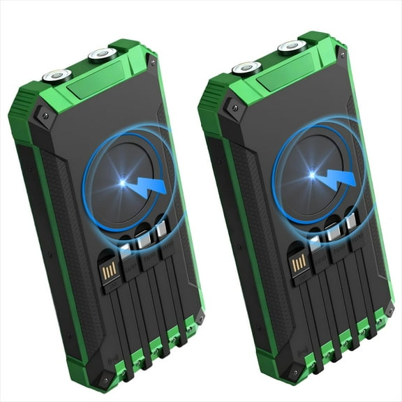 2PK Power Bank Wireless Charger 46800mAh Built in 4 Cables Six Outputs 15W Fast Charging Power Bank for All Mobile Devices Three Inputs Solar Portable Charger with Dual Flashlights, Carabiner(Green)