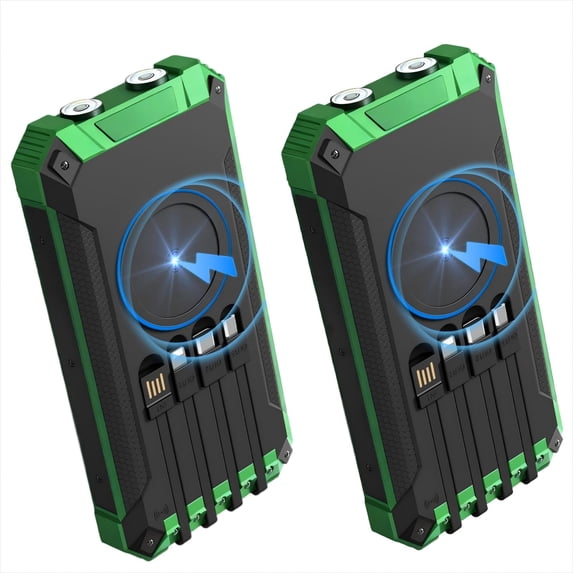 2PK Power Bank Wireless Charger 46800mAh Built in 4 Cables Six Outputs 15W Fast Charging Power Bank for All Mobile Devices Three Inputs Solar Portable Charger with Dual Flashlights, Carabiner(Green)