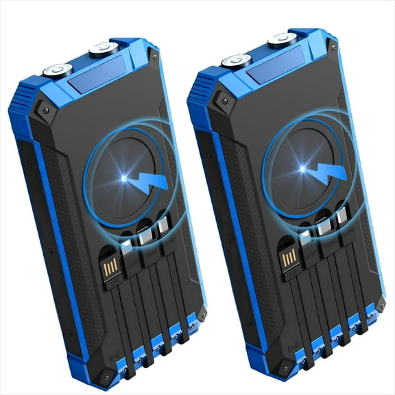 2PK Power Bank Wireless Charger 46800mAh Built in 4 Cables Six Outputs 15W Fast Charging Power Bank for All Mobile Devices Three Inputs Solar Portable Charger with Dual Flashlights, Carabiner(Blue)