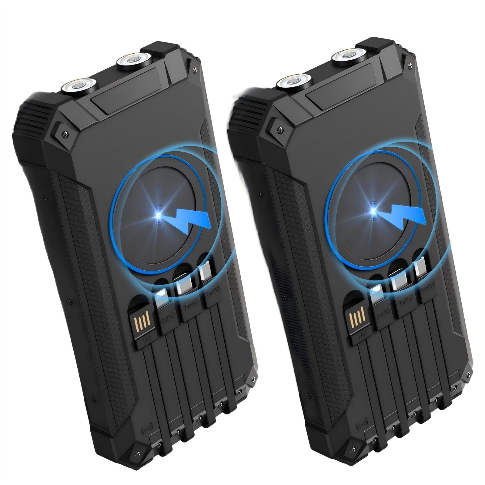 2PK Power Bank Wireless Charger 46800mAh Built in 4 Cables Six Outputs 15W Fast Charging Power Bank for All Mobile Devices Three Inputs Solar Portable Charger with Dual Flashlights, Carabiner(Black)