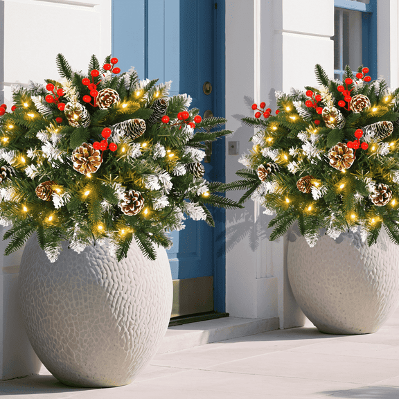 2PK Prelit Outdoor Christmas Trees Urn filler Extra Large Round 24x24 inch Snow-Flocked Light Up Christmas Trees 120 LED Timer Function Auto On/Off 8 Modes for Front Door Porch