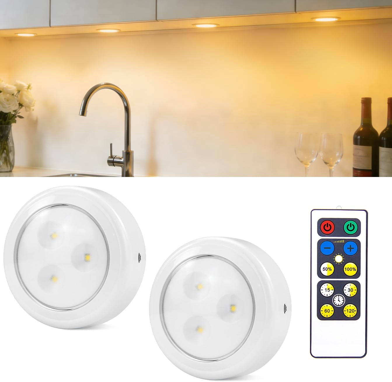 2PK Puck Lights with Remote, 70Lumen Battery Operated Under Cabinet Lights, 60 Hours Rum Tine Dimmable and Timmer Stick On Lights,Wireless Closet Light for Closet,Kitchen