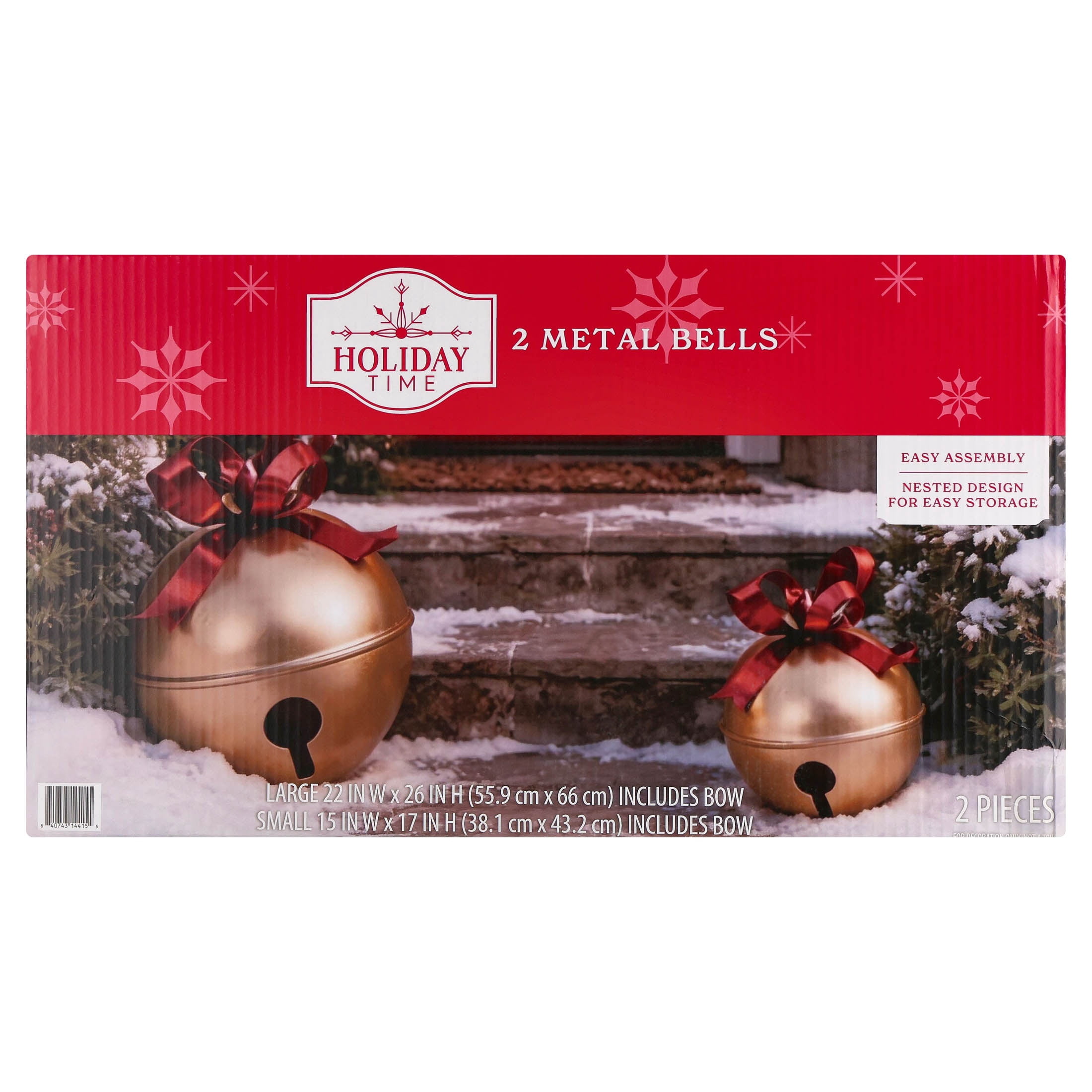 Metal Bell Outdoor Christmas Decoration, Gold and Red, Set of 2, by Holiday Time