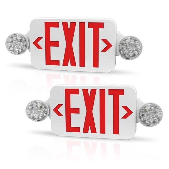 2PK Red Exit Sign with Emergency Lights, Two Adjustable Round Heads LED Emergency Exit Light with Battery Backup, UL Listed, AC 120/277V, Commercial Exit Lights for Business