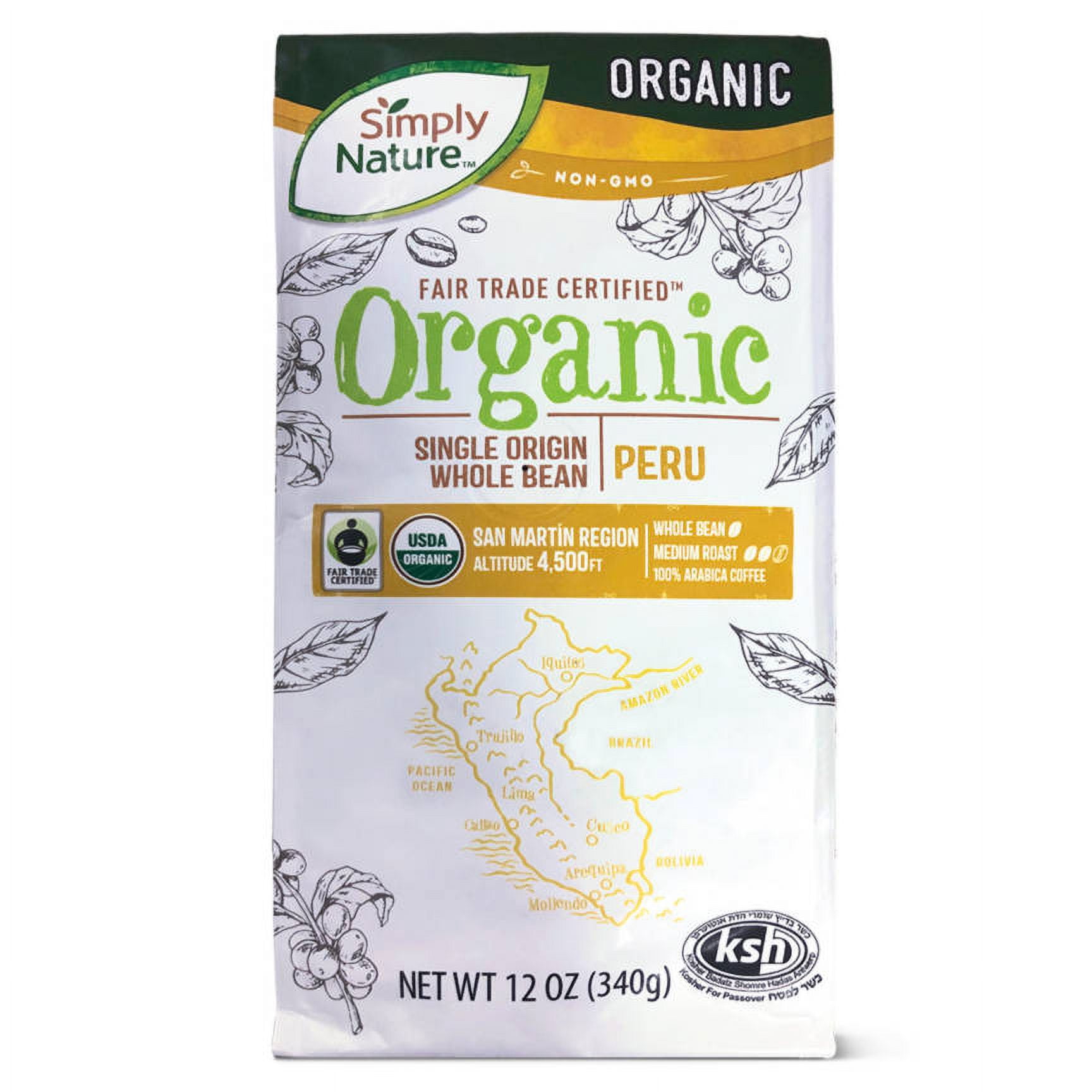 Organic Peru Whole Bean Medium Roast Coffee, 12 oz- Pack of 2