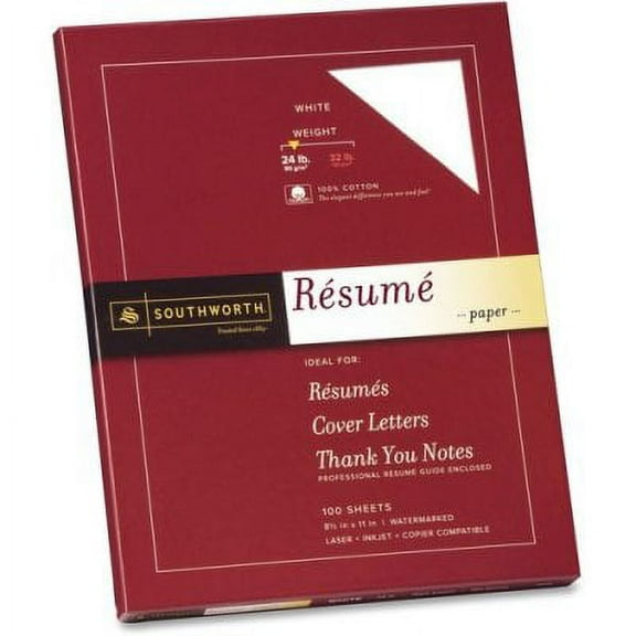 2PK Southworth 100% Cotton Resume Paper, 95 Bright, 24 lb Bond Weight, 8.5 x 11, White, 100/Pack (R14CF)
