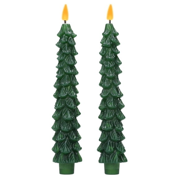 Indoor Battery-Operated LED Plastic Flameless Christmas Tree Taper Candles, Green, 9.5", 2 Count, by Holiday Time