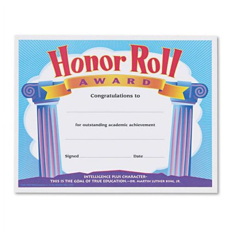 2PK TREND Honor Roll Award Certificates, 11 x 8.5, Horizontal Orientation, Assorted Colors with White Borders, 30/Pack (T2959)