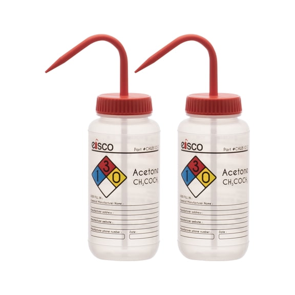 2PK Wash Bottle for Acetone, 500ml - Labeled with Color Coded Chemical & Safety Information (4 Colors) - Wide Mouth, Self Venting, Low Density Polyethylene - Eisco Labs