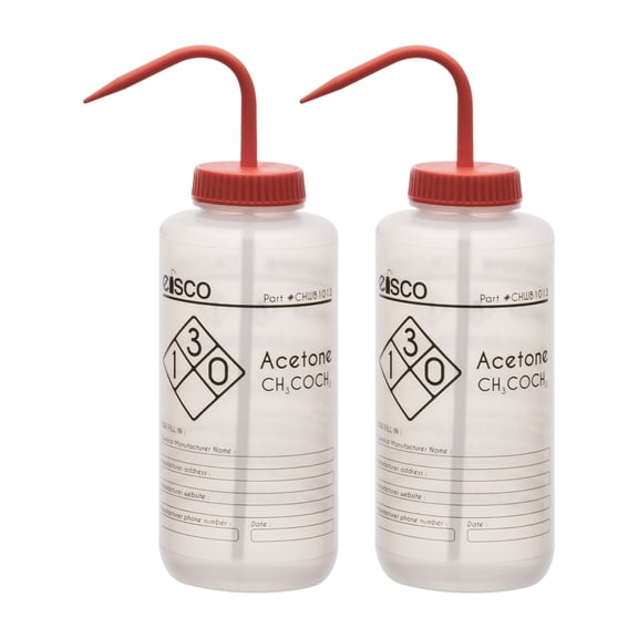 2PK Wash Bottles for Acetone, 1000ml - Labeled with Chemical Information & Safety Information (1 Color) - Wide Mouth, Self Venting, Low Density Polyethylene - Performance Plastics by Eisco Labs