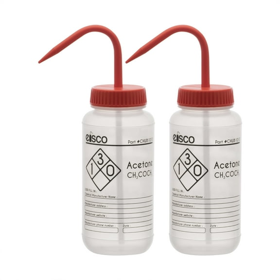 2PK Wash Bottles for Acetone, 500ml - Labeled with Chemical Information & Safety Information (1 Color) - Wide Mouth, Self Venting, Low Density Polyethylene - Performance Plastics by Eisco Labs