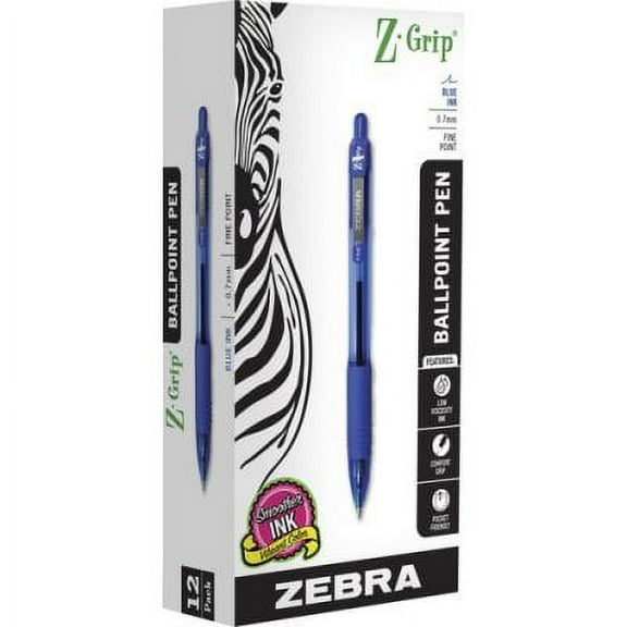 2PK Zebra Z-Grip Ballpoint Pen, Retractable, Medium 0.7 mm, Blue Ink, Blue Tinted Barrel, 12/Pack (23920)