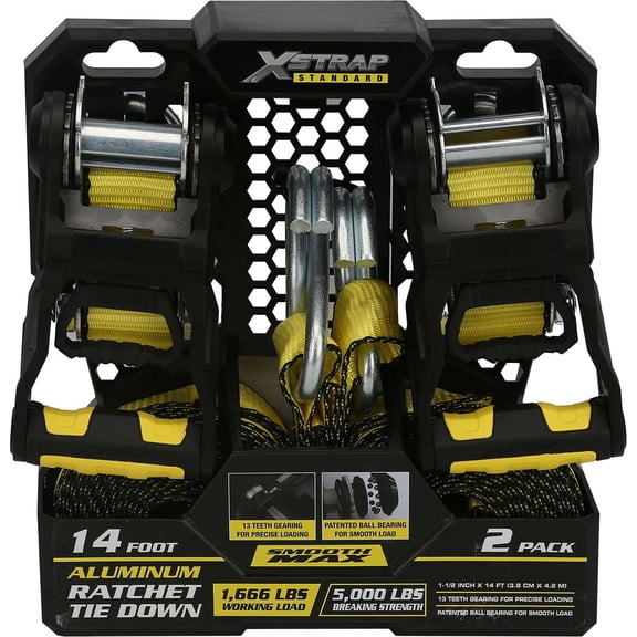XSTRAP 2-pack 1.5x14' Heavy Duty Aluminium Ratchet Tie-Downs with Snap S Hooks and Soft Loops