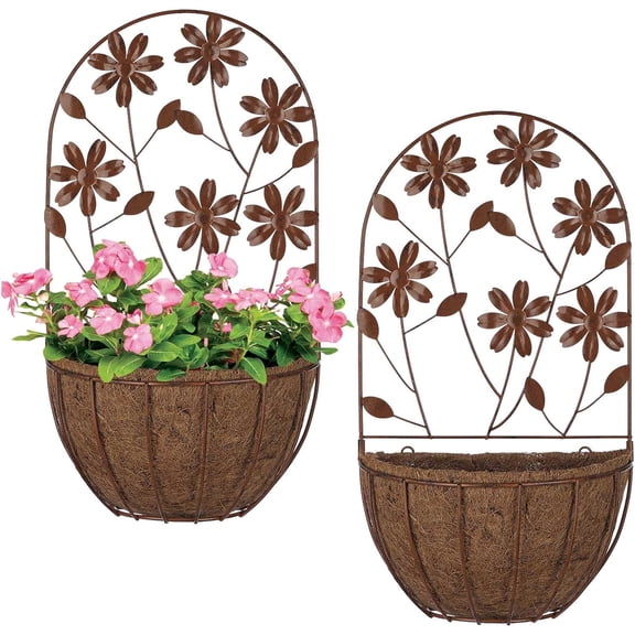 2PKs Wall Hanging Planter Decor Art with Flower, Metal Wall Mounted Planters Indoor Outdoor Wall Planter for Succulent Herb Home Garden Yard