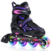 2PM SPORTS Vinal Girls Adjustable Inline Skates with Light up Wheels Beginner Skates Fun Illuminating Roller Skates for Kids Boys and Ladies - Purple Small(10C-13C US)