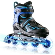 2PM SPORTS Vinal Girls Adjustable Inline Skates with Light up Wheels Beginner Skates Fun Illuminating Roller Skates for Kids Boys and Ladies - Blue Medium1Y-4Y US