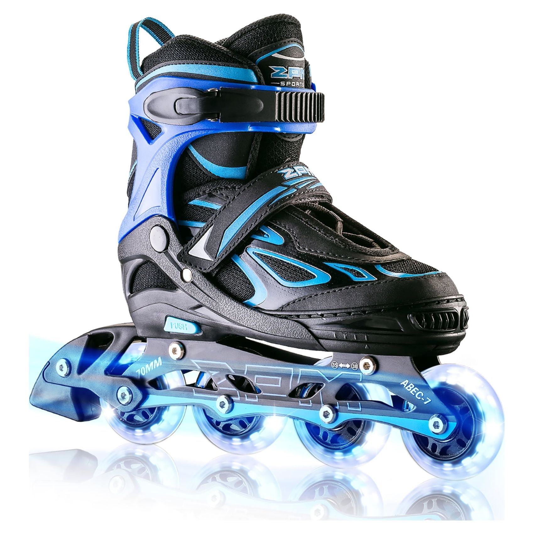 2PM SPORTS Vinal Girls Adjustable Inline Skates with Light up Wheels Beginner Skates Fun Illuminating Roller Skates for Kids Boys and Ladies - Blue Small(10C-13C US)