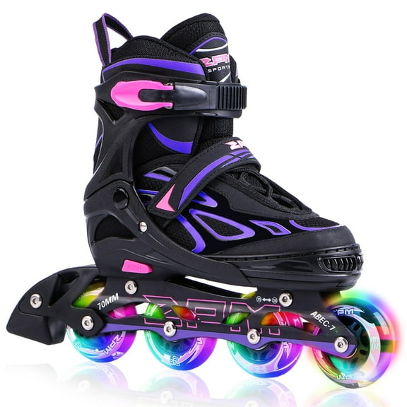 2PM SPORTS Vinal Girls Adjustable Inline Skates with Light up Wheels Beginner Fun Illuminating for Kids Boys and Ladies - Purple Small(10C-13C US)