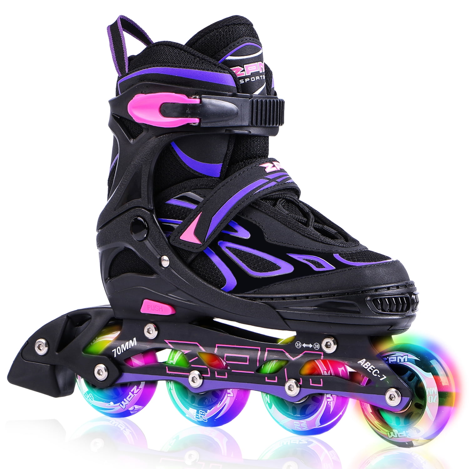 2PM SPORTS Vinal Girls Adjustable Inline Skates with Light up Wheels Beginner Skates Fun Illuminating Roller Skates for Kids Boys and Ladies - Purple X-Large(7M/8W-10M/11W US)