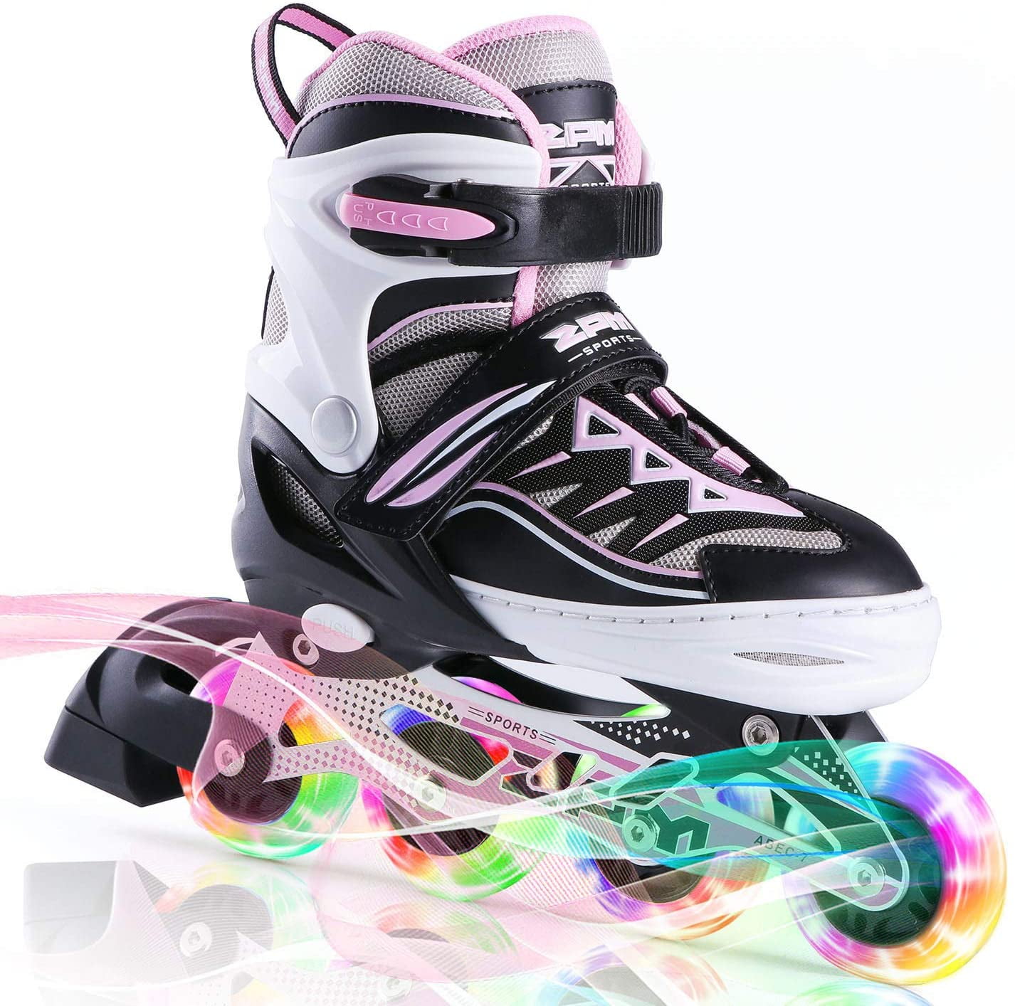 2PM Sports Cytia Pink Girls Adjustable Illuminating Inline Skates with Light up Wheels, Large