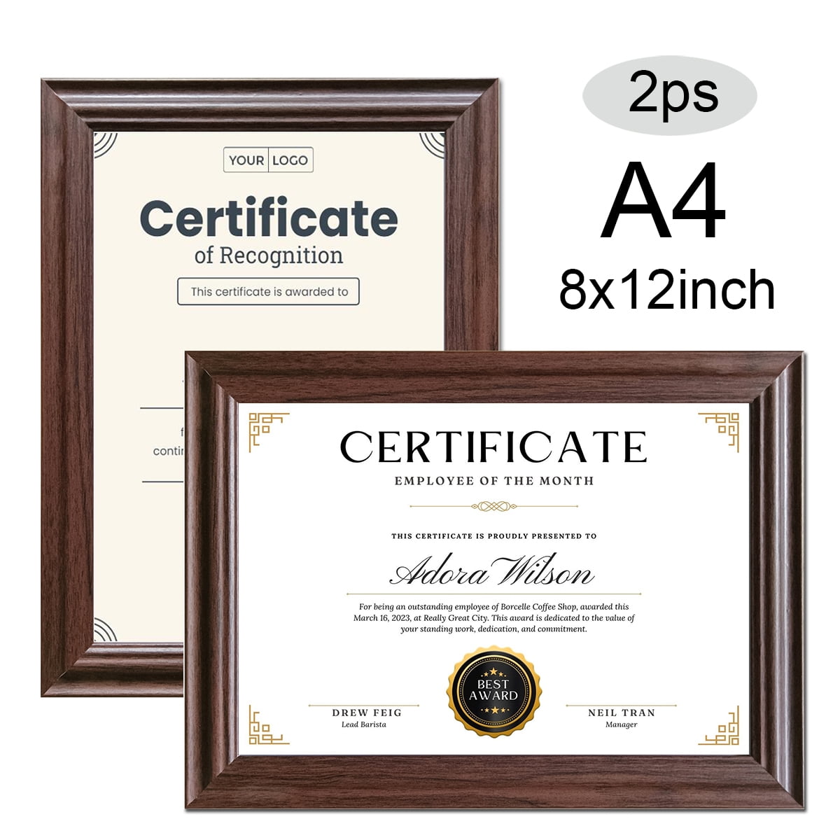 2PS A4 8x12'' Certificate Frame log Walnut Wooden Vintage Document ...