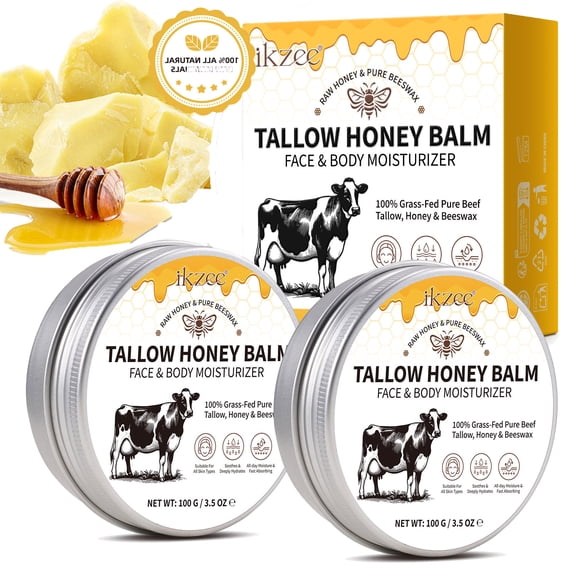 2Pack 100% Grass-Fed Beef Tallow Honey Balm - All Skin Types, Dry & Aging Skin - Deep Hydration, Non-Greasy, Soothes & Protects