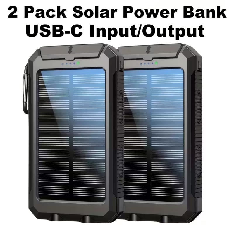 2Pack！10000mah Portable Solar Power Bank | Camping External Battery Charger for Mobile Phones with 2 USB/LED Flashlights and Compass for Outdoor Activities