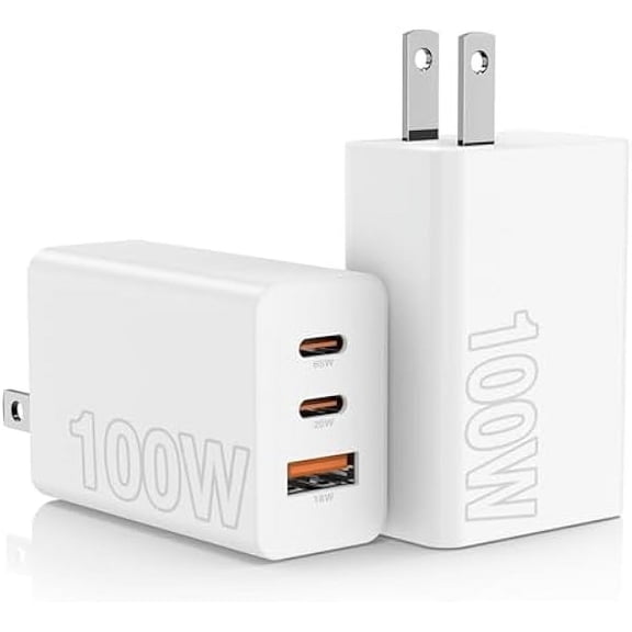 2Pack 100W USB C Wall Charger Block,3-Port (65w+20W+18w) Super Fast Charging Power Adapter,Multi USB C Charging Hub Plug Cube for MacBook,iPad Pro, Galaxy S25, iPhone 16/15 and More-Black Wite