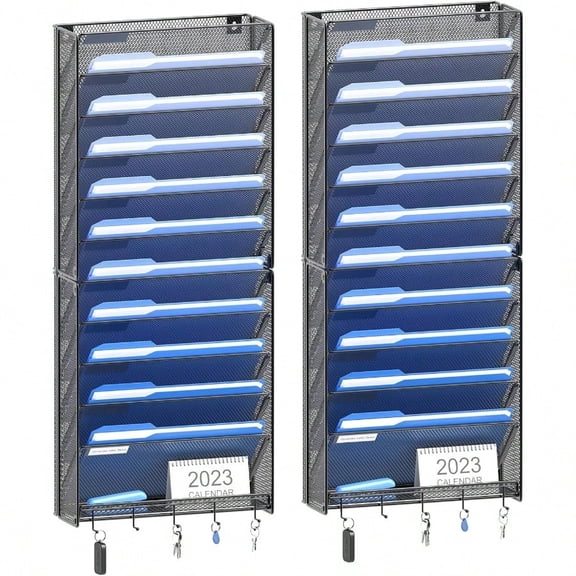 2Pack 12 Tier Hanging Wall File Organizer with Hooks Vertical Wall Mount File Folder Holder Paper Document Mail Organizer for Office