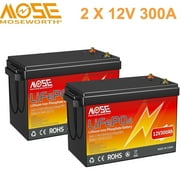 2PACK 12V 300AH Lithium LiFePO4 Battery,MOSEWORTH for RV,Marine,Golf Cart,Solar,Motorhome,Trolling Motor,200A BMS,15000+Deep Cycles,10 Years Lifetime