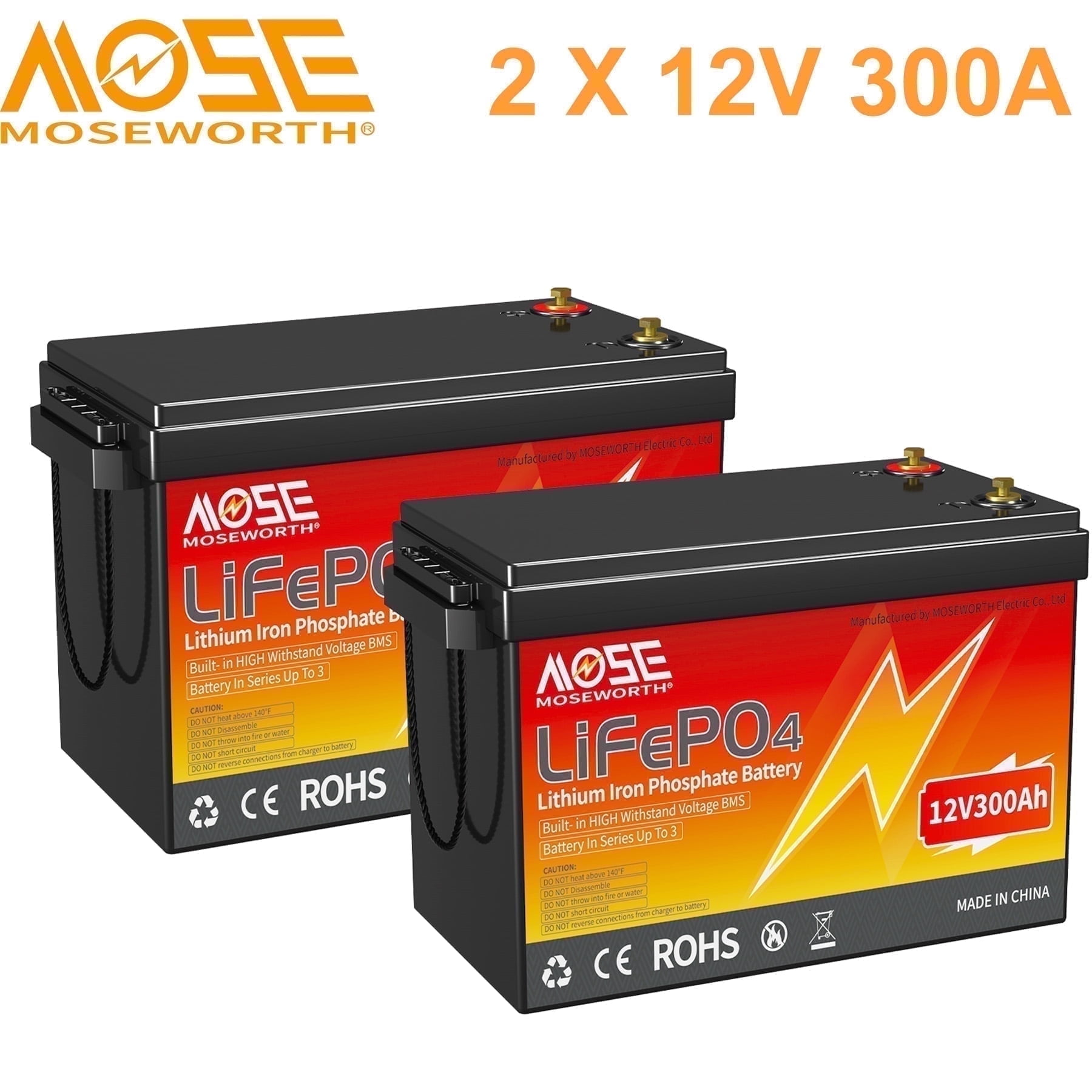 2PACK 12V 300AH Lithium LiFePO4 Battery,MOSEWORTH for RV,Marine,Golf Cart,Solar,Motorhome,Trolling Motor,200A BMS,15000+Deep Cycles,10 Years Lifespan