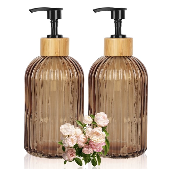 2Pack 13.5 oz (400ml) Glass Soap Dispensers, Manual Pump, Refillable Empty Liquid Containers, Lead-Free Glass, Leak-Proof Design, for Kitchen Dish Soap and Bathroom Hand Soap,Brown