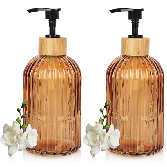 2Pack 13.5 oz (400ml) Glass Soap Dispensers, Manual Pump, Refillable Empty Liquid Containers, Lead-Free Glass, Leak-Proof Design, for Kitchen Dish Soap and Bathroom Hand Soap,Brown