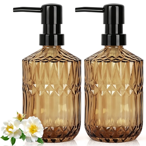 2Pack 13.5 oz Glass Soap Dispenser , Manual Pump Dispenser, Liquid Container, Refillable Hand Soap Dispenser for Kitchen and Bathroom,Brown