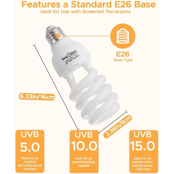 2Pack 13 W UVA UVB 15.0 Reptile Lights Energy Saving Reptile Heat Lamp UVB Bulb Spiral Compact Bulb Fit for Rainforest Type Reptile/Snake/Lizard/Insect/Turtle/Tortoise