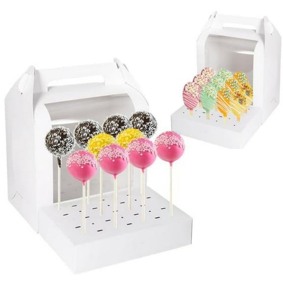 2Pack 16 Holes Candy Holder Boxes,Portable Cake Packaging Containers with Clear Window,Cake Pop Display Stand,for Birthday Wedding Christmas Party White